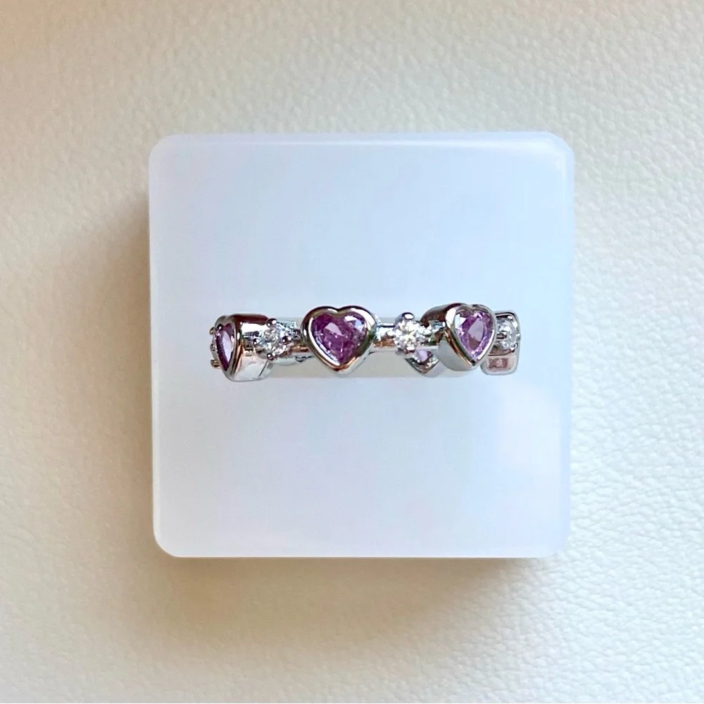 Silver Heart Eternity Ring with Pink Stones